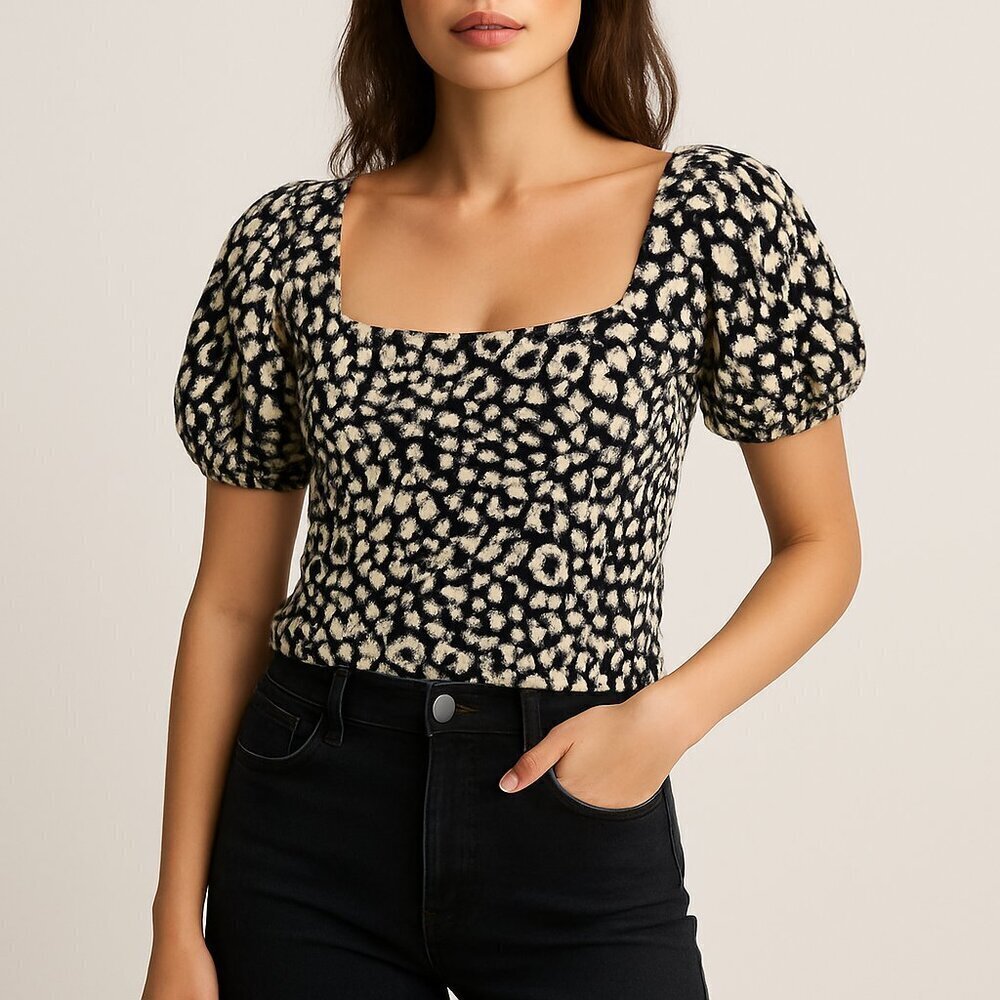 Free People leopard knit puff sleeve square neck top black cream Small